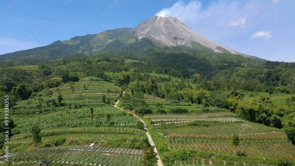 Aerial view of the active Merapi volcano and picturesque agricultural farmland on its slopes in Indonesia Aerial view of the active Merapi volcano and picturesque agricultural farmland on its slopes in Indonesia