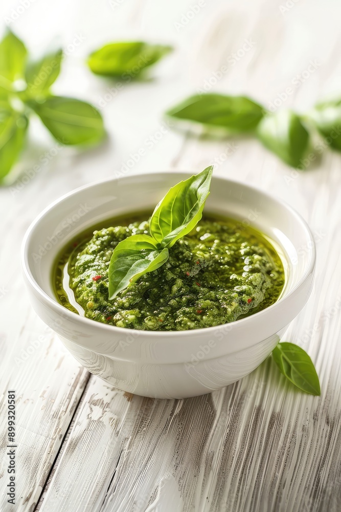 Bowl of pesto sauce on the table. Selective focus. Bowl of pesto sauce on the table. Selective focus.