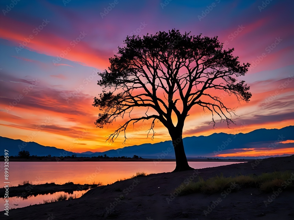 A serene silhouette of a lone tree against a colorful sunset sky, playful style A serene silhouette of a lone tree against a colorful sunset sky, playful style