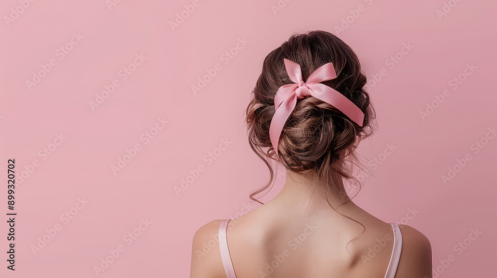 Satin ribbon on a woman's hair. Selective focus. Satin ribbon on a woman's hair. Selective focus.