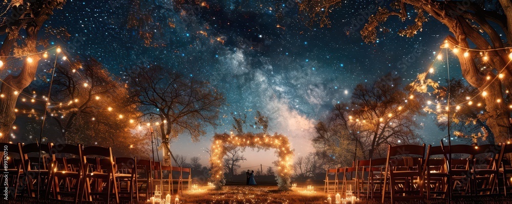 Wedding Ceremony Under the Stars A romantic outdoor wedding ceremony under a starry night sky, illuminated by twinkling fairy lights Wedding Ceremony Under the Stars A romantic outdoor wedding ceremony under a starry night sky, illuminated by twinkling fairy lights
