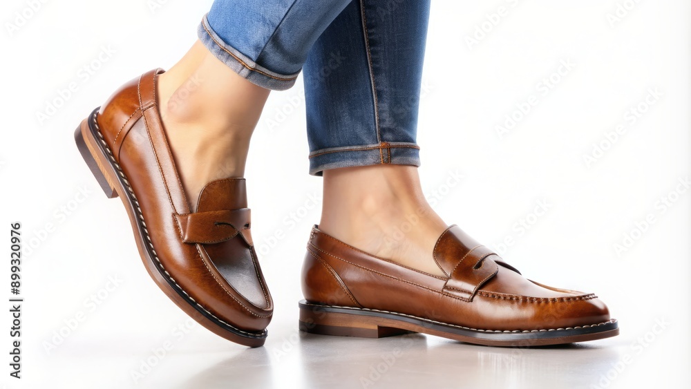 Casual leather loafer shoes on female leg. Women's footwear and outfits concept. Ladies with black leather casual loafer on white background. Casual leather loafer shoes on female leg. Women's footwear and outfits concept. Ladies with black leather casual loafer on white background.