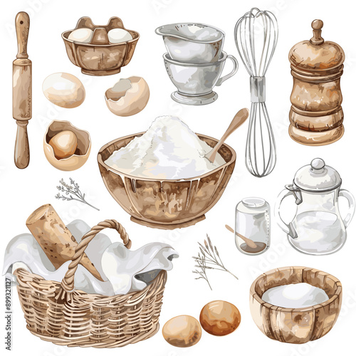 A collection of watercolor illustrations of kitchen utensils, ingredients, and baking tools.