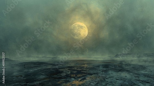 Misty full moon landscape with an eerie atmosphere, showcasing moonlight filtering through the dense fog over a desolate terrain.