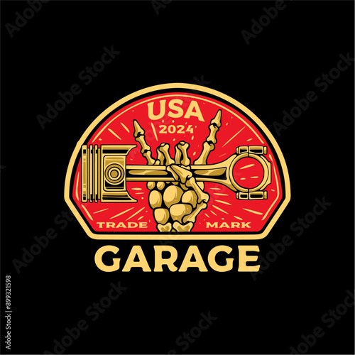 T-Shirt design skull hand pose metal holding piston vintage vector illustration