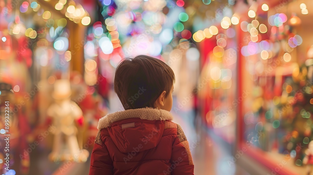 A young boy stands in a store aisle looking at a display of Christmas decorations. The scene is bright and colorful. A young boy stands in a store aisle looking at a display of Christmas decorations. The scene is bright and colorful.