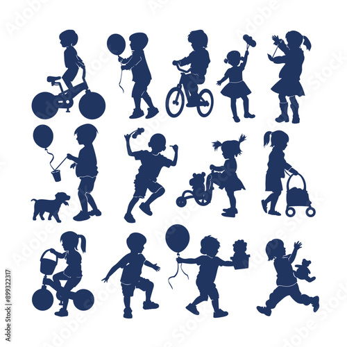 Silhouettes of children playing with various toys, including bicycles, balloons, and a dog.