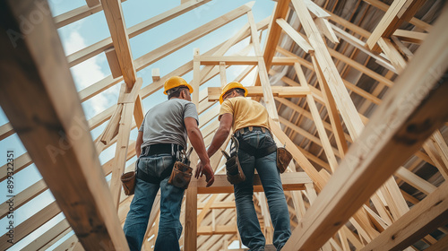 A technician climbs onto the roof of an unfinished house to install a new ceramic tile roof on a building using roofing equipment at a construction site.