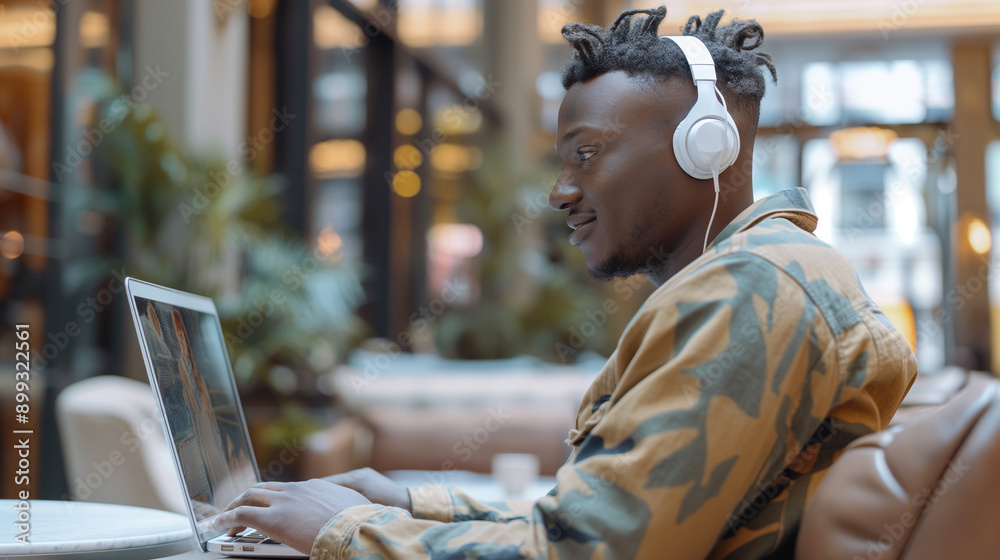 Black man having video call from home, sitting on the couch at home while looking at computer screen, working from home and listening to music on laptop, playing from home in pajamas Black man having video call from home, sitting on the couch at home while looking at computer screen, working from home and listening to music on laptop, playing from home in pajamas