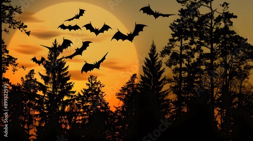 Evening forest silhouette with silhouettes of bats  photo