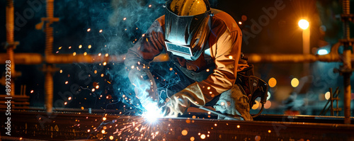 A skilled welder operates at night, creating sparks and illuminating the workspace with a vibrant glow.