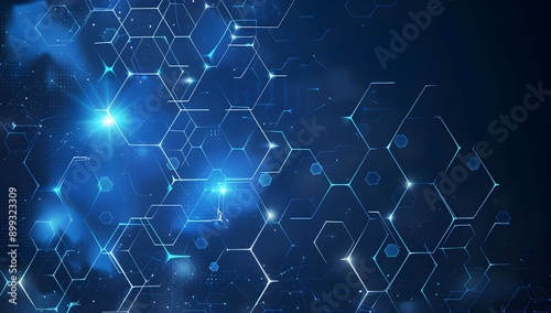 Blue technology background with hexagon grid, digital network and connection concept for banner design vector Illustration on dark blue blackgroud