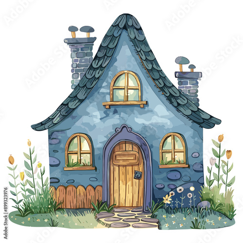 Cute cartoon blue stone house with a wooden door and windows.