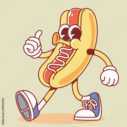 mascot cartoon retro vintage rubber hose hotdog with sauce mayonnaise. Suitable for logo, sticker, t-shirt