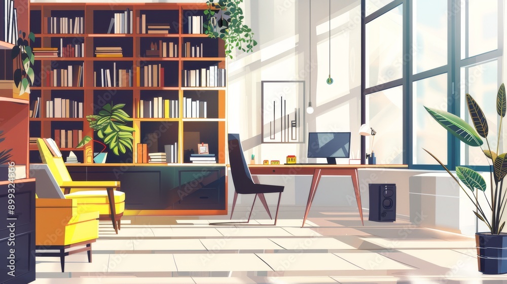 Modern Home Office Design with Bookshelf and Sunlight Modern Home Office Design with Bookshelf and Sunlight