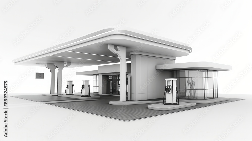 A contemporary gas station with a fuel dispensing complex showcased in a sleek black and white design, perfect for marketing materials. Generative AI A contemporary gas station with a fuel dispensing complex showcased in a sleek black and white design, perfect for marketing materials. Generative AI