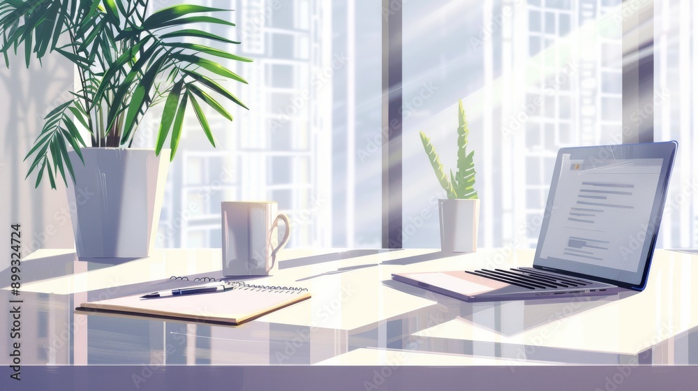 Minimalist Workspace with Laptop and Plants Minimalist Workspace with Laptop and Plants