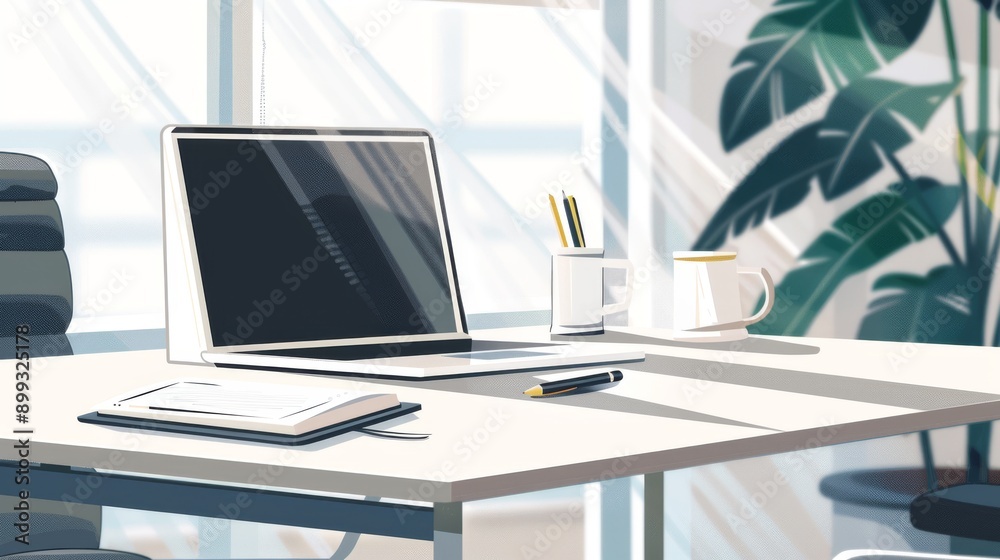 Modern Minimalist Office Desk with Laptop, Notebook, and Plants Modern Minimalist Office Desk with Laptop, Notebook, and Plants