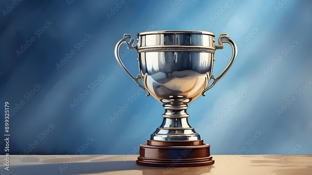 A champion's trophy cup rendered by hand in watercolor and set on a gentle blue backdrop. AI-produced