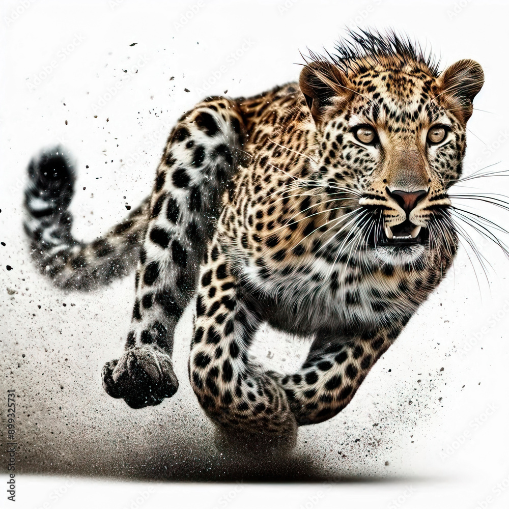 Naklejka premium leopard running at full speed white background