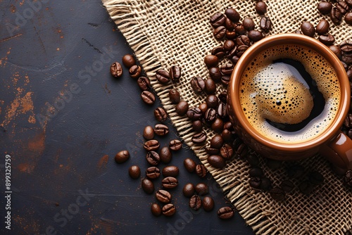 Fresh Morning Brew with Coffee Beans and Burlap - Ideal for Cafe Posters and Coffee Shop Designs photo