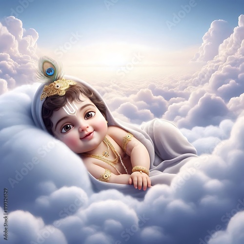 Cute Lord Krishna resting on cloud pillow