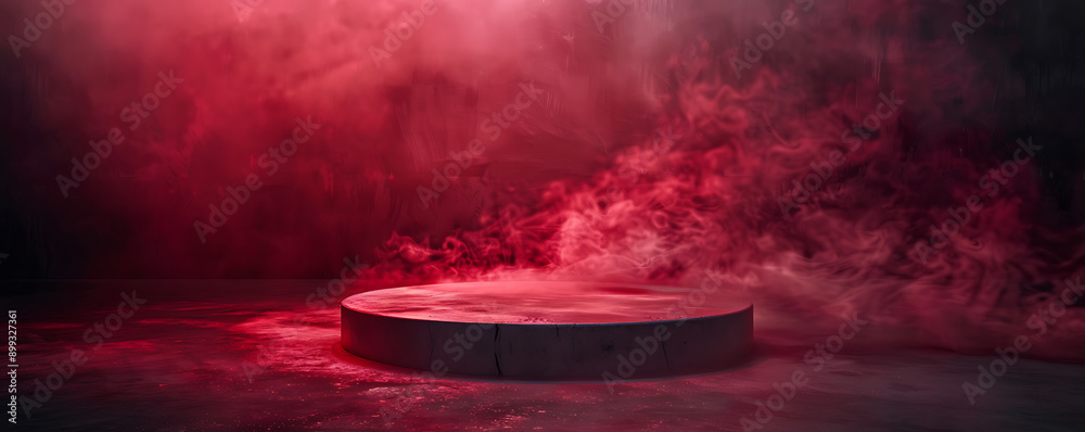Obraz premium A circular smoke podium illuminated by a bright red spotlight set against a dark, smoky background
