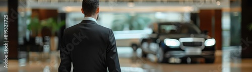 A valet assisting guests at a five-star hotel with a limousine in the background, providing luxury service.
