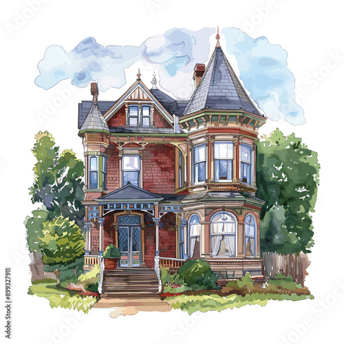Watercolor illustration of a Victorian house with a red brick exterior, a large porch and a multi tiered roof.