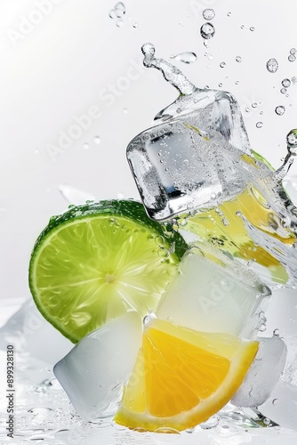 Refreshing Citrus Splash - Close-up of lime and lemon slices splashing in ice water, capturing the freshness and vibrancy of citrus fruits in a cool setting.