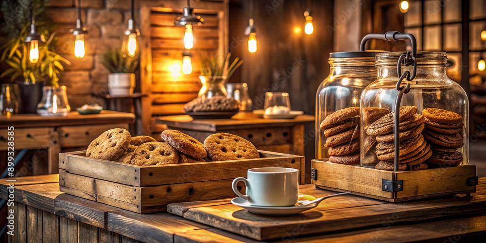 Cozy rustic coffee shop ambiance with warm lighting, wooden crates, and vintage decor featuring a large glass jar filled with freshly baked chocolate chip cookies. Cozy rustic coffee shop ambiance with warm lighting, wooden crates, and vintage decor featuring a large glass jar filled with freshly baked chocolate chip cookies.