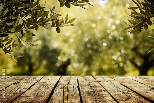 Old wooden table for product display with natural green olive field bokeh background. Natural vintage tabletop persepective and blur olive tree layout design. photo