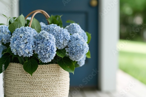 a wooden door painted dark blue, In front of the door, there is a straw basket with leather handles, filled with blue hydrangeas in full bloom photo