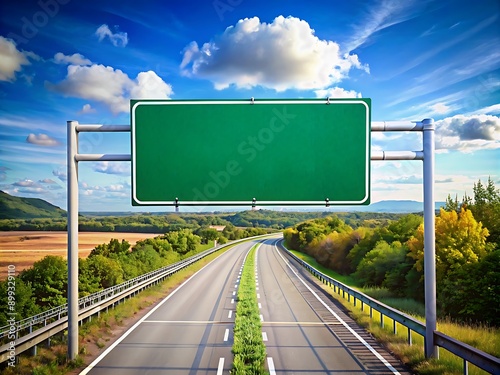 Blank Green Road Sign Over Highway.