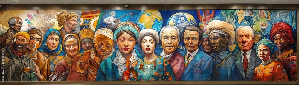 Naklejka premium Global Unity Mural A largescale mural depicting people from around the world coming together in harmony