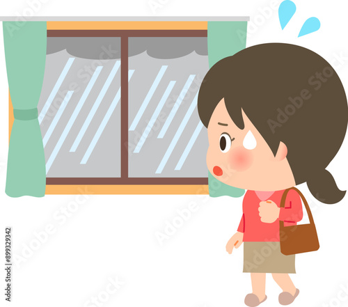 外が大雨で困っている外出前の女性