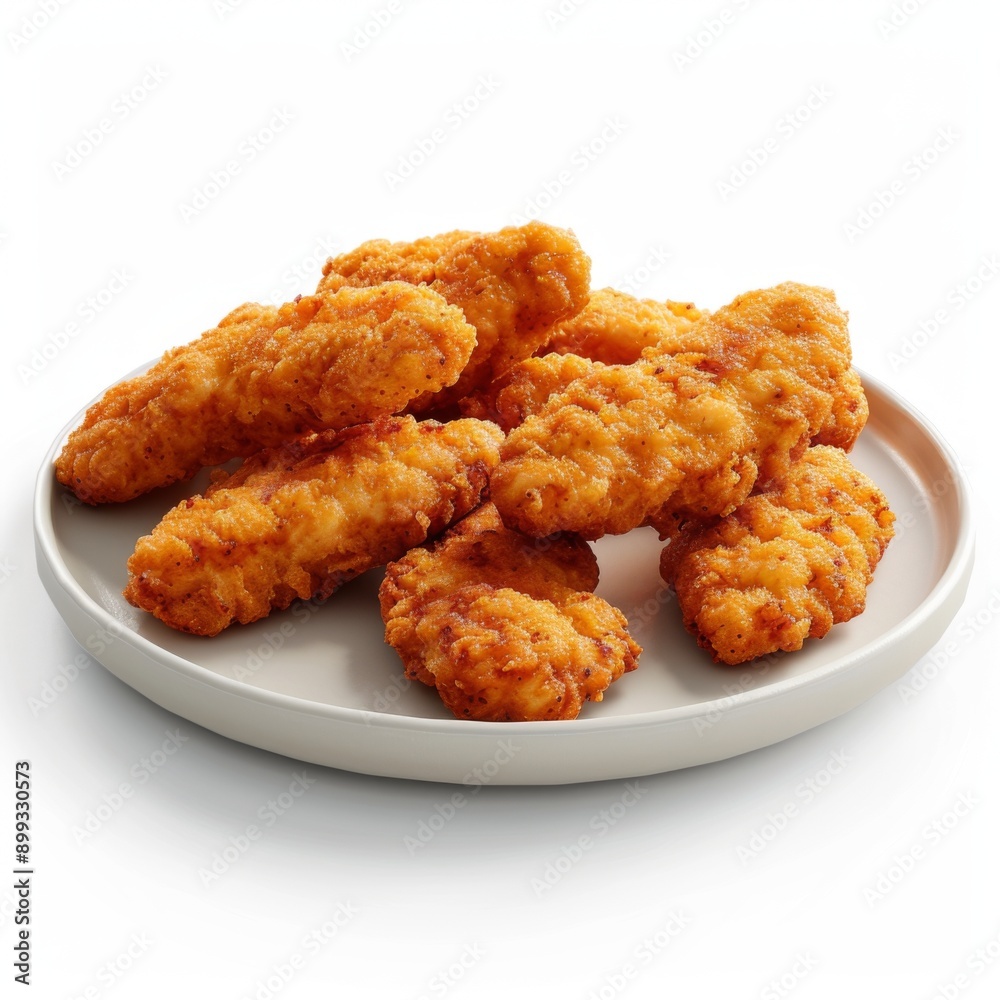 A plate of chicken strips, fast food element, realistic 3D render, isolated on white background A plate of chicken strips, fast food element, realistic 3D render, isolated on white background