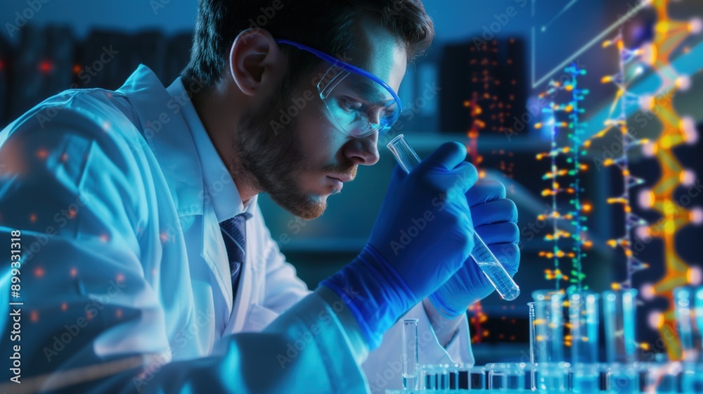 Male scientist working in laboratory with dim light at lab tubes and glassware on table molecular biology science experiment Male scientist working in laboratory with dim light at lab tubes and glassware on table molecular biology science experiment