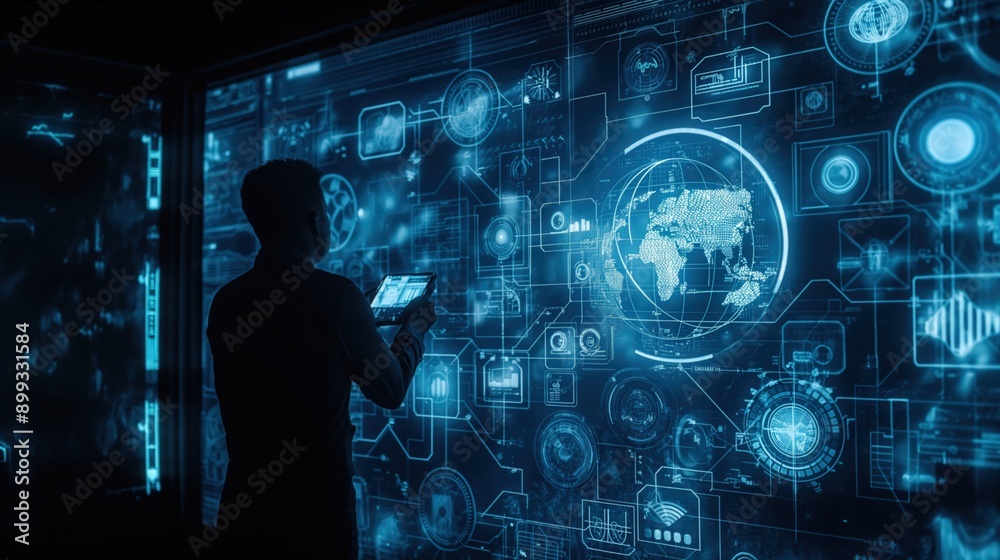 Man holding tablet in dim room stands in front of big hologram screen big data analysis world map Man holding tablet in dim room stands in front of big hologram screen big data analysis world map