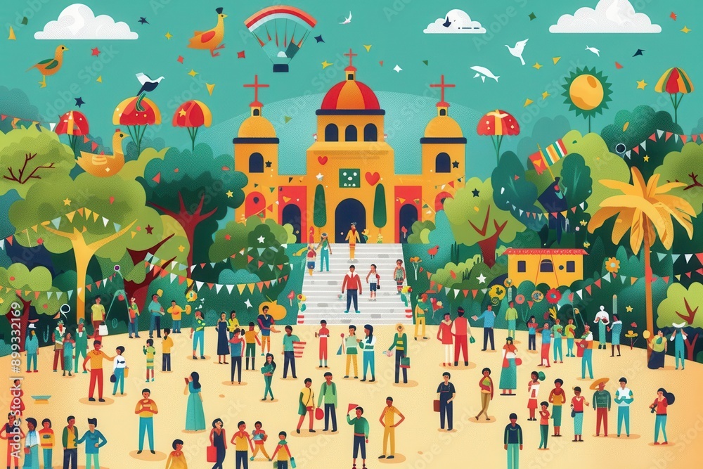 Obraz premium Community Festival A flat design depicting a vibrant community festival with people from various backgrounds celebrating together