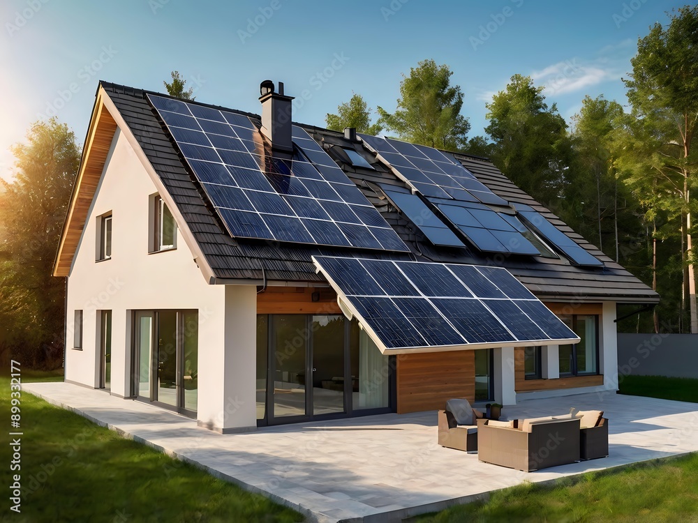 Close-up of a new suburban house with a photovoltaic system on the roof. Simple and modern environmentally friendly house with solar panels on the gable roof, with sunlight during the day Close-up of a new suburban house with a photovoltaic system on the roof. Simple and modern environmentally friendly house with solar panels on the gable roof, with sunlight during the day