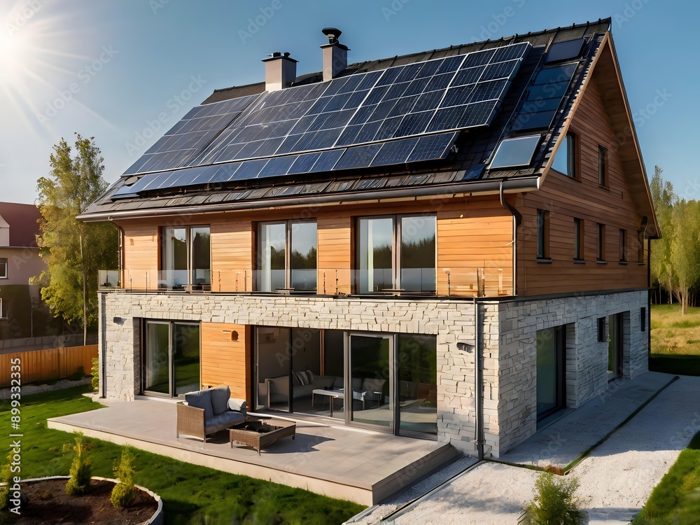 Close-up of a new suburban house with a photovoltaic system on the roof. Simple and modern environmentally friendly house with solar panels on the gable roof, with sunlight during the day Close-up of a new suburban house with a photovoltaic system on the roof. Simple and modern environmentally friendly house with solar panels on the gable roof, with sunlight during the day