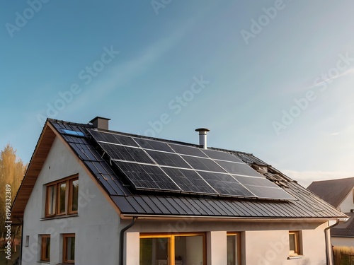 Wallpaper Mural Close-up of a new suburban house with a photovoltaic system on the roof. Simple and modern environmentally friendly house with solar panels on the gable roof, with sunlight during the day Torontodigital.ca