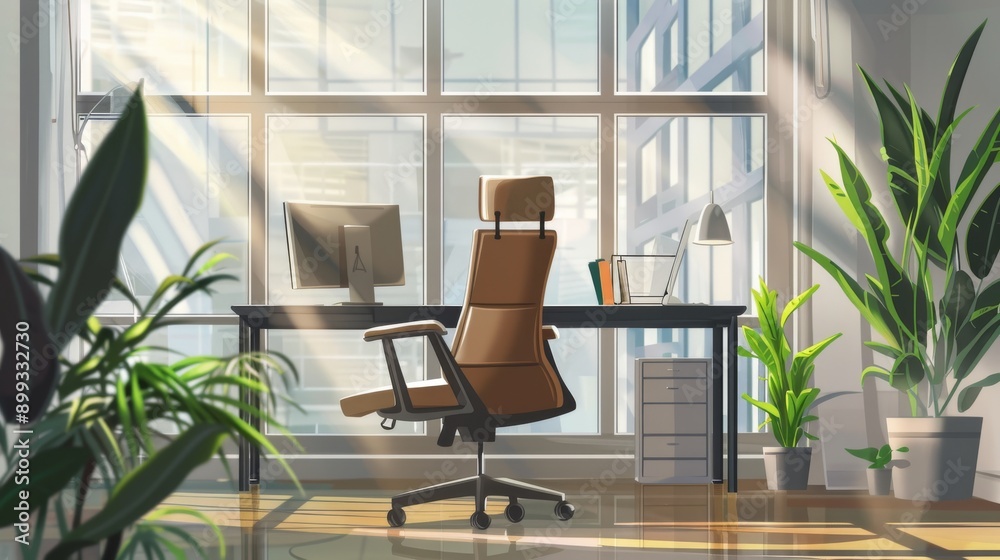 Modern Office Interior with City View and Sunlight Modern Office Interior with City View and Sunlight