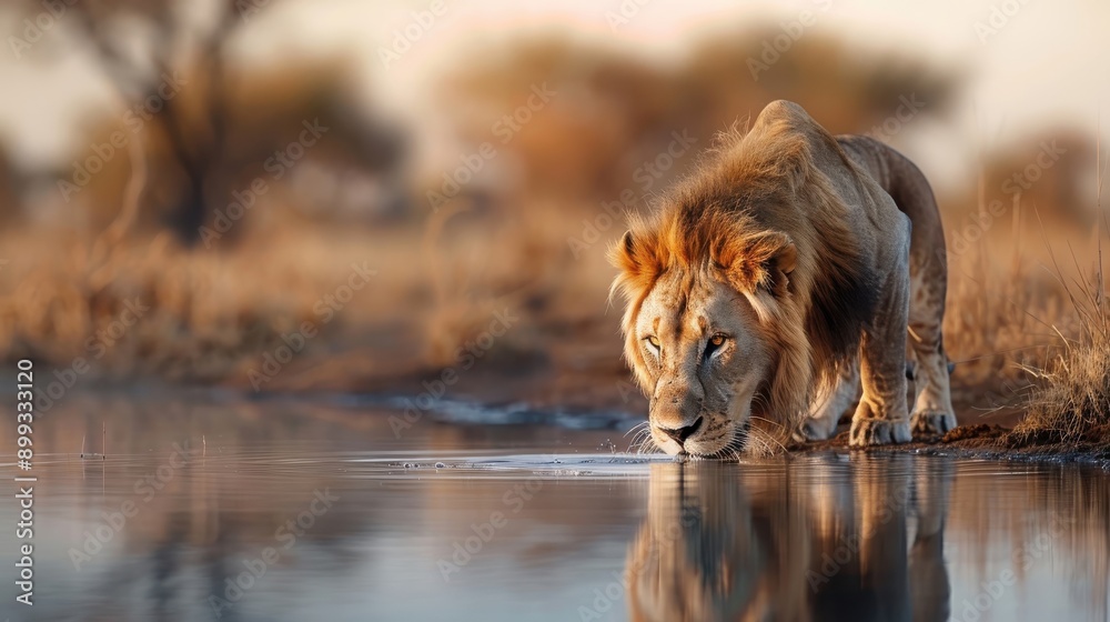 A lion drinking from a watering hole, its reflection shimmering in the water. A lion drinking from a watering hole, its reflection shimmering in the water.