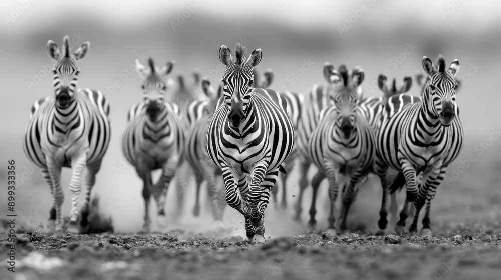 Fototapeta premium A black and white photo of a zebra herd running across the plains.