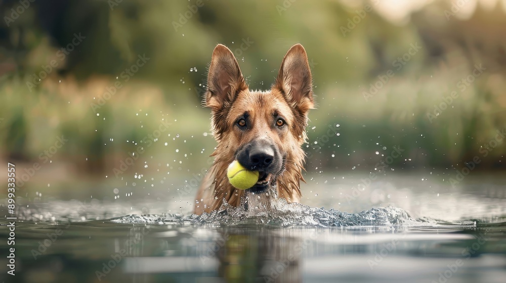 A German Shepherd emerges from a lake with a tennis ball in its mouth. A German Shepherd emerges from a lake with a tennis ball in its mouth.