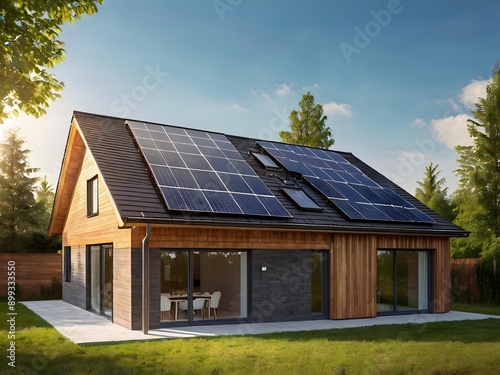 Wallpaper Mural Close-up of a new suburban house with a photovoltaic system on the roof. Simple and modern environmentally friendly house with solar panels on the gable roof, with sunlight during the day Torontodigital.ca