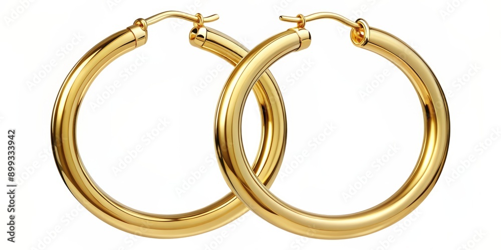 Timeless gold hoop earrings with a polished finish, classic circular shape, and sleek design, laying isolated on a soft, white background, showcasing luxury and sophistication. Timeless gold hoop earrings with a polished finish, classic circular shape, and sleek design, laying isolated on a soft, white background, showcasing luxury and sophistication.