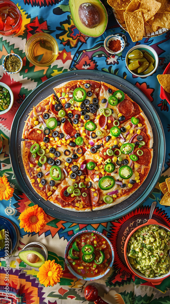 Meschican pizza with corn, jalapenos, hot peppers, meat, pepperoni and olives Meschican pizza with corn, jalapenos, hot peppers, meat, pepperoni and olives